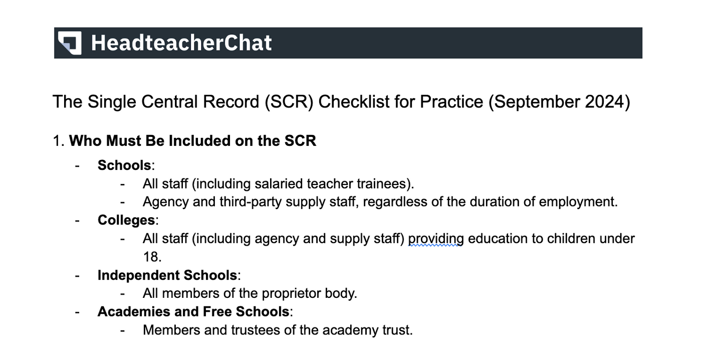 The Single Central Record (SCR) Checklist for Practice (September 2024)
