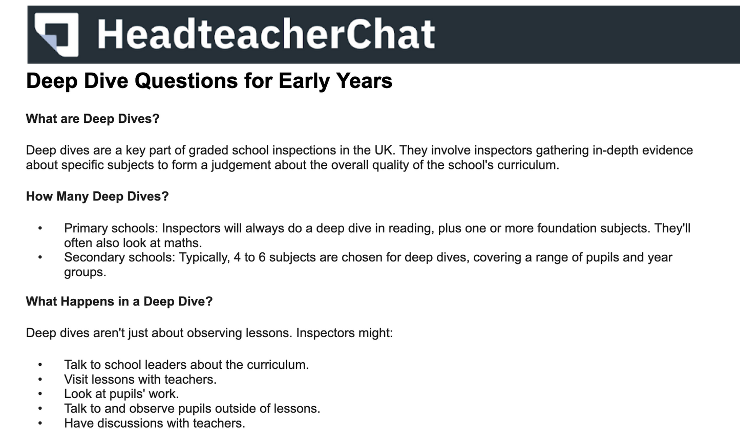 Deep Dive questions for early years (September 2024)