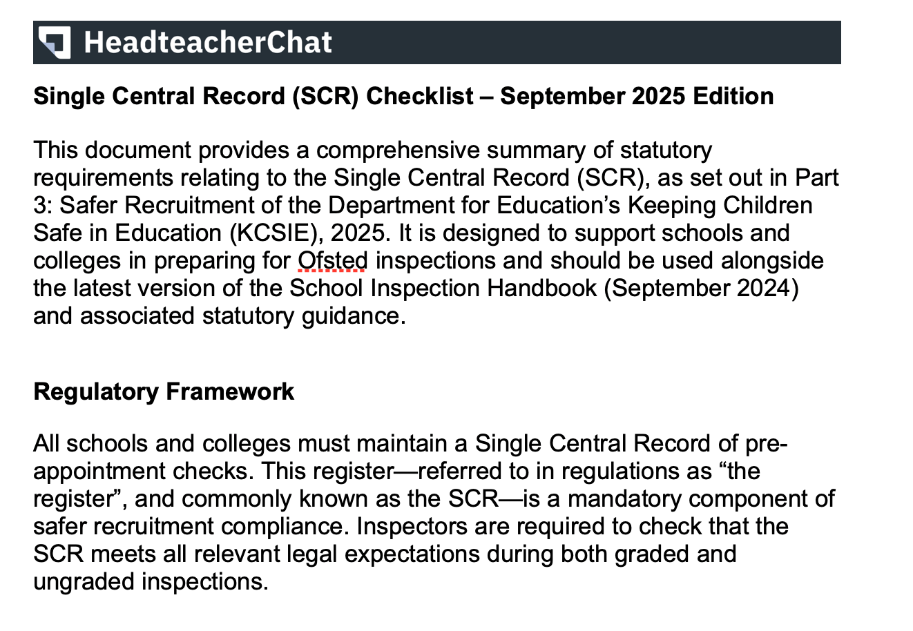 Single Central Record (SCR) Checklist – KCSIE Compliant (September 2025)