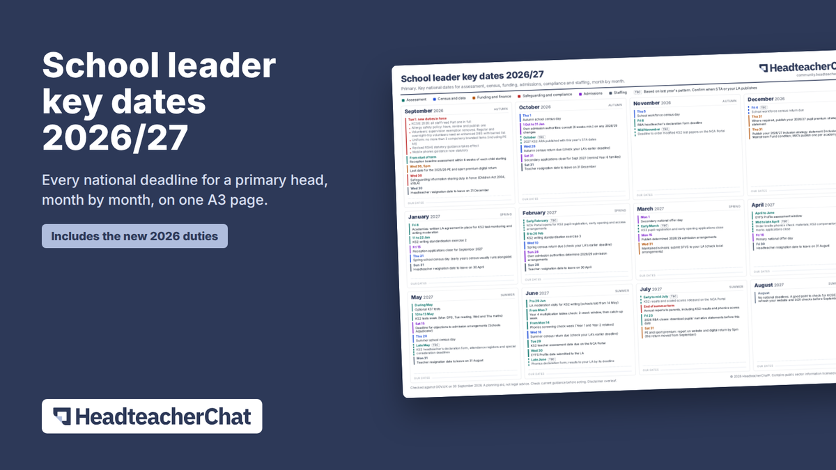 School leader key dates 2026/27 A3 planner for primary heads