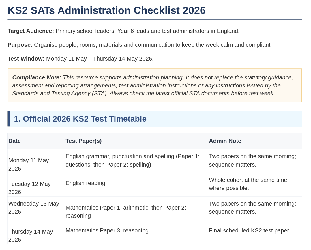 KS2 SATS administration checklist 2026