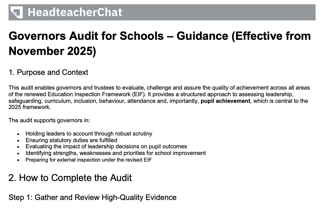 Governors Audit for Schools – Guidance (Effective from November 2025)