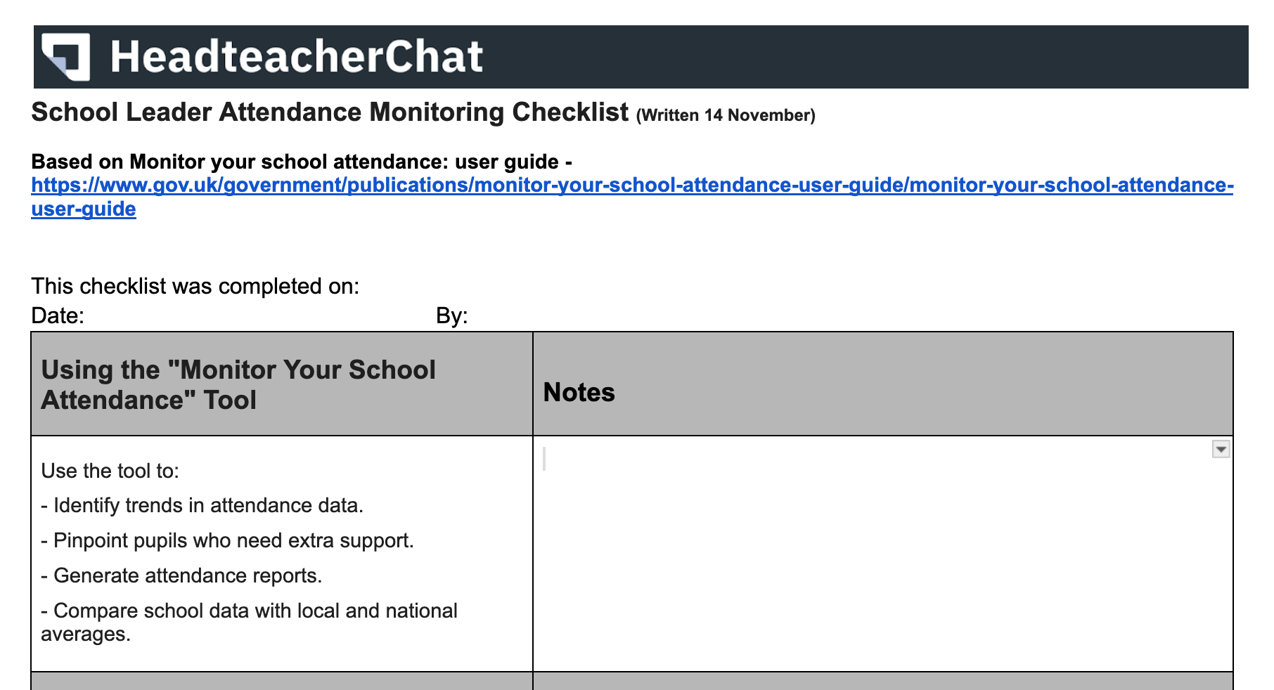School Leader Attendance Monitoring Checklist