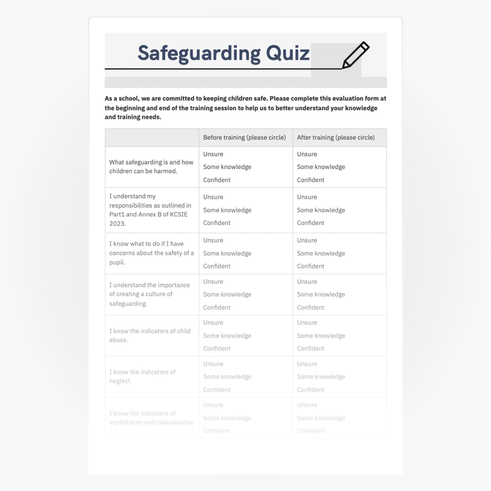 Safeguarding Training Quiz 2023 PDF Template - School Leaders Shop